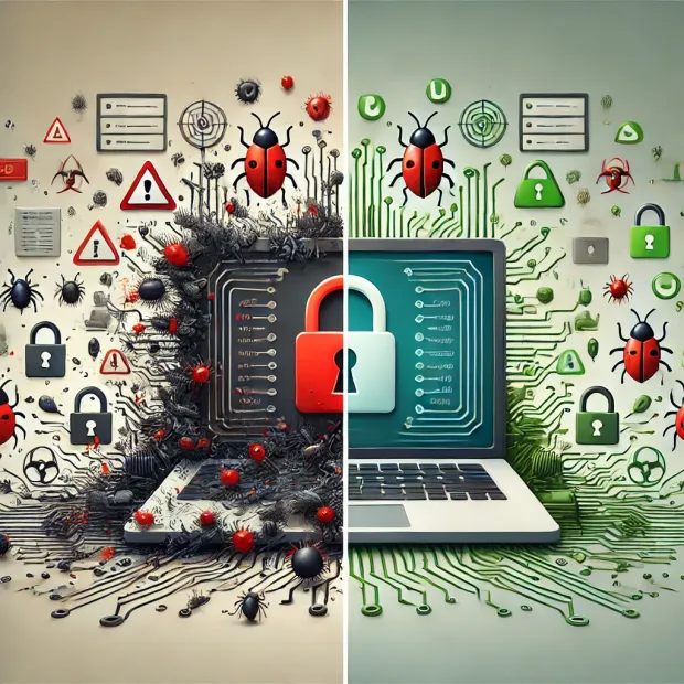 DALL·E 2024-12-30 09.48.55 - A split image showing the concept of vulnerability scanning_ On the lef