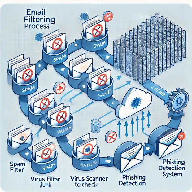 DALL·E 2025-01-01 23.58.28 - A diagram illustrating an email filtering process. The flow starts with